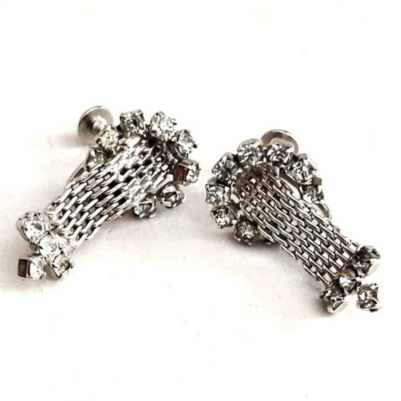 1950s Vintage Rhinestone and Mesh Bracelet and Earring Set, Silver Tone Metal - Picture 3 of 7
